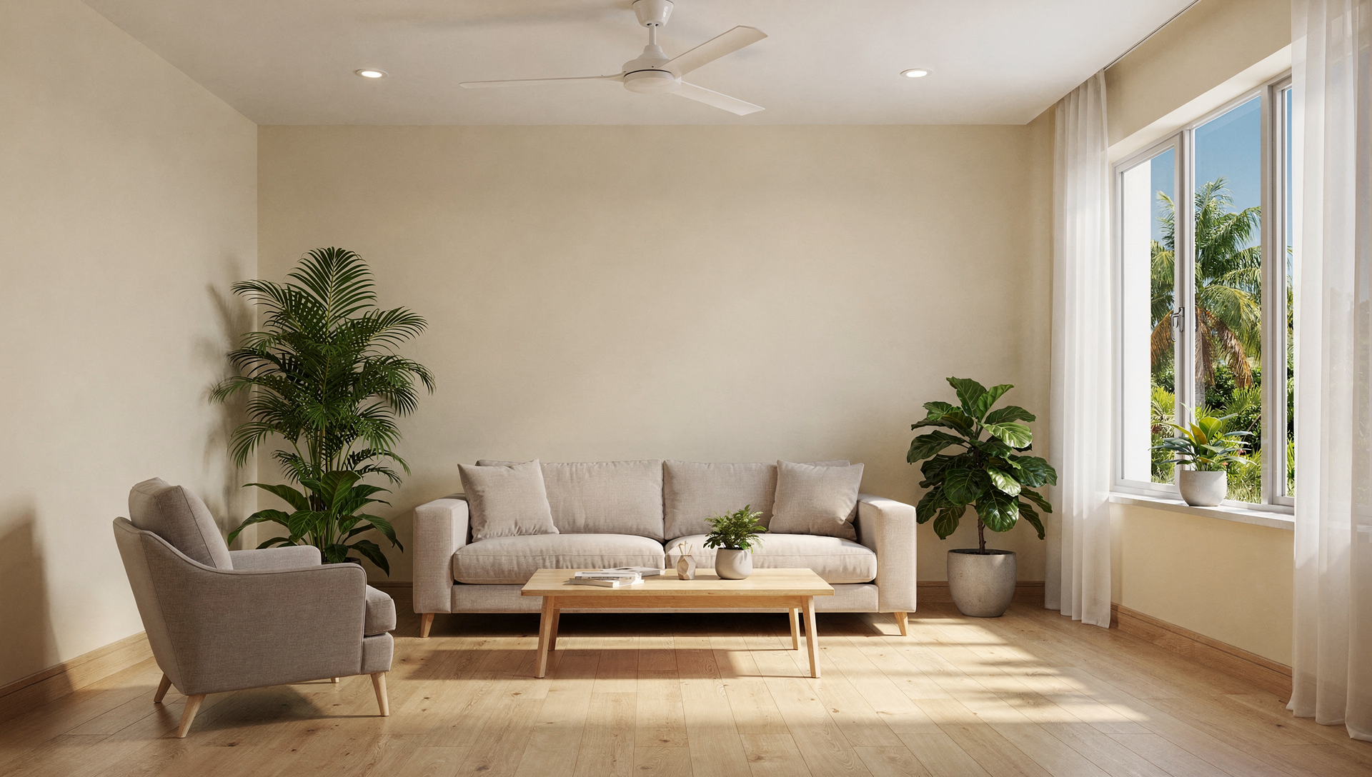 A bright, calm Florida living room in warm daylight