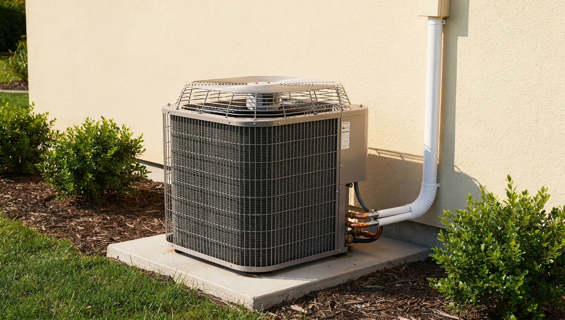 A clean, professionally installed AC condenser beside a warm home wall in bright daylight