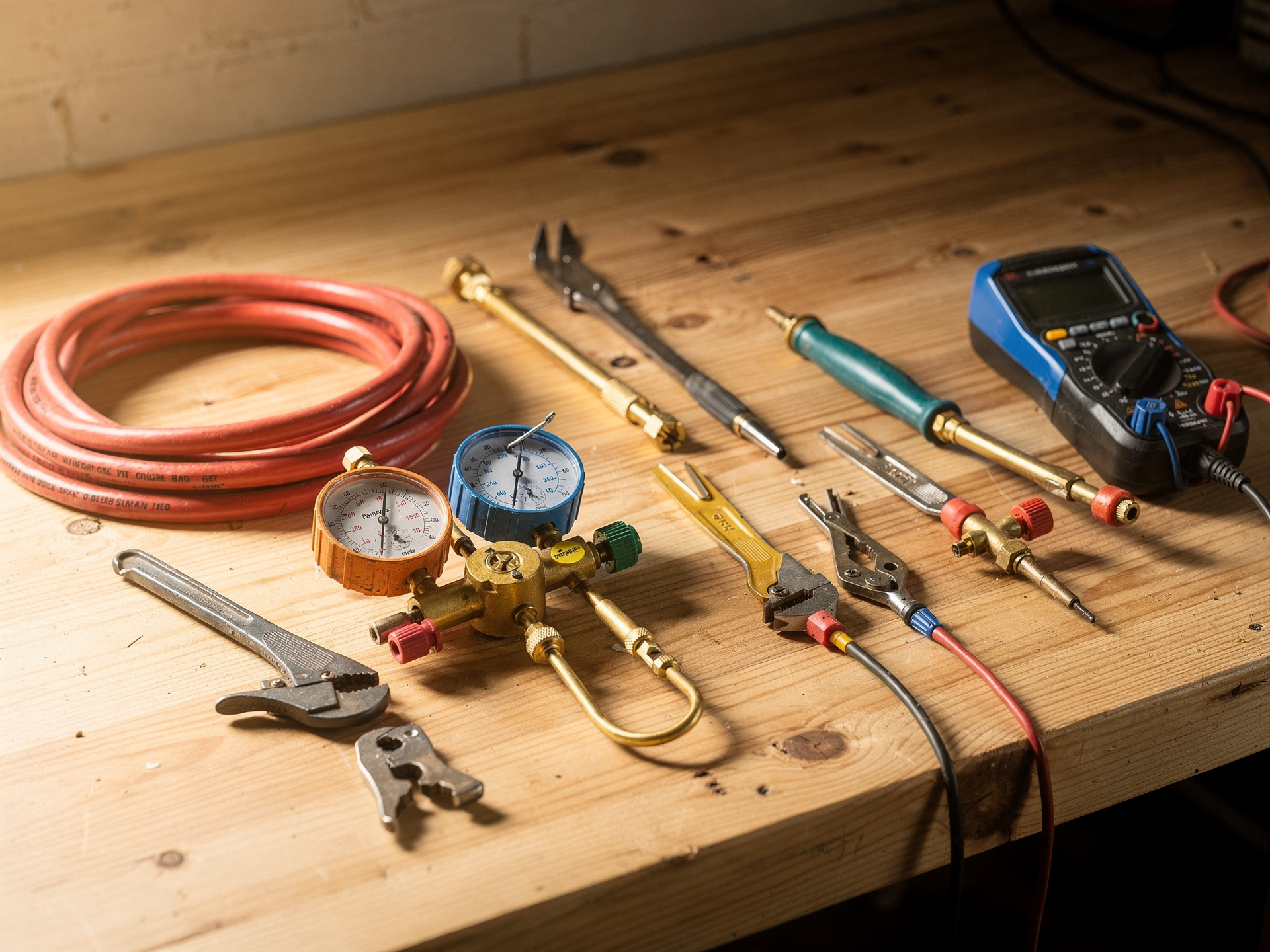 HVAC tools laid out neatly on a warm workbench in bright daylight